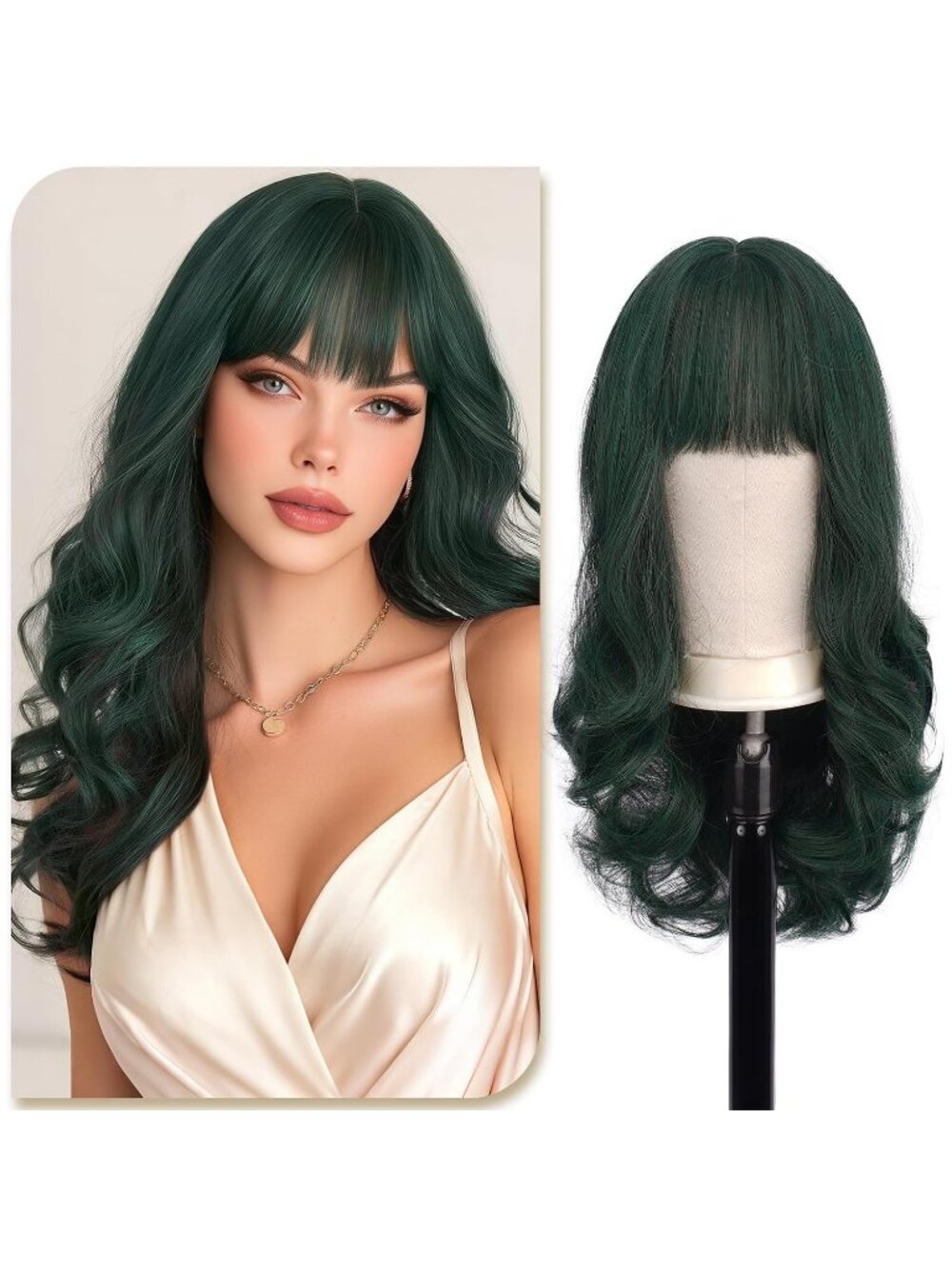 24 Inch Women's Dark Green Highlights Natural Looking Synthetic Wig with Bangs